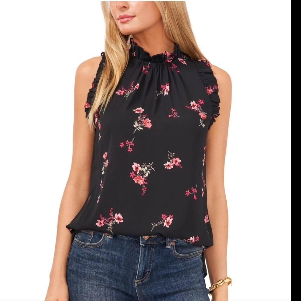 Womens Pink Floral Sleeveless Mock Neck Top
